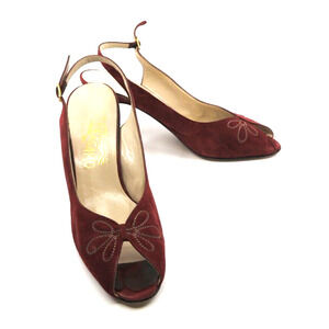 Salvatore Ferragamo Shoes 8 B Red Suede Open Toe Petal Detail Sling Back Heel